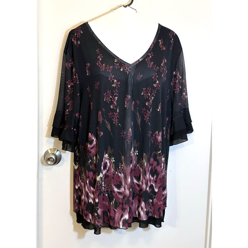 Valolia 3XL Black  Purple / RoseFloral Print Chiffon Blouse 3/4 Flutter Sleeves